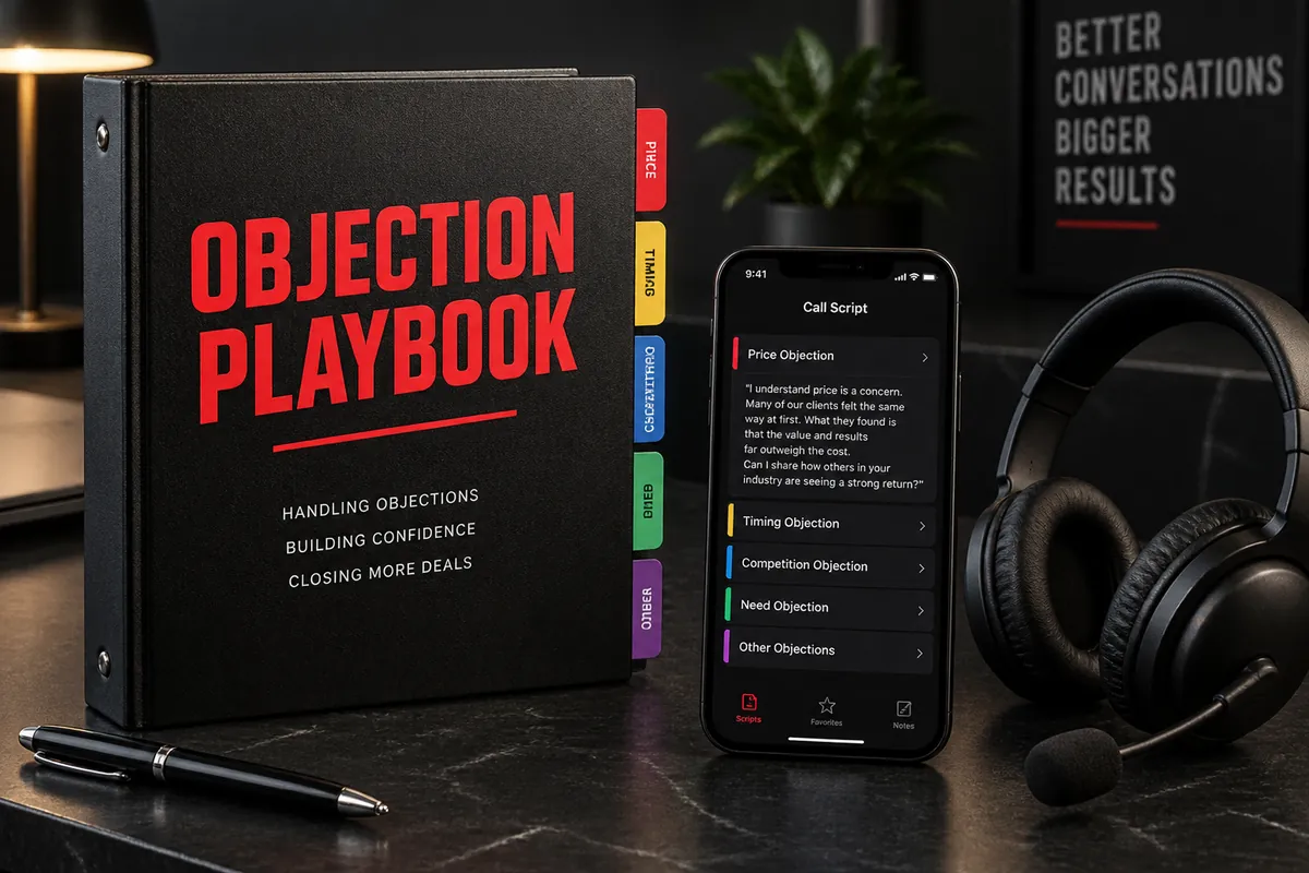 The Objection Playbook binder, call script on a phone and a headset