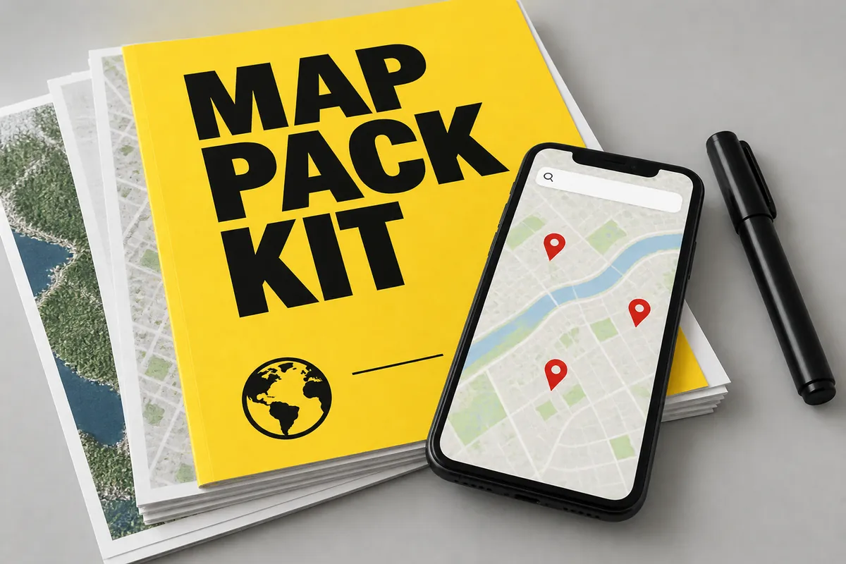 Map Pack Kit printed checklist and phone showing a local map