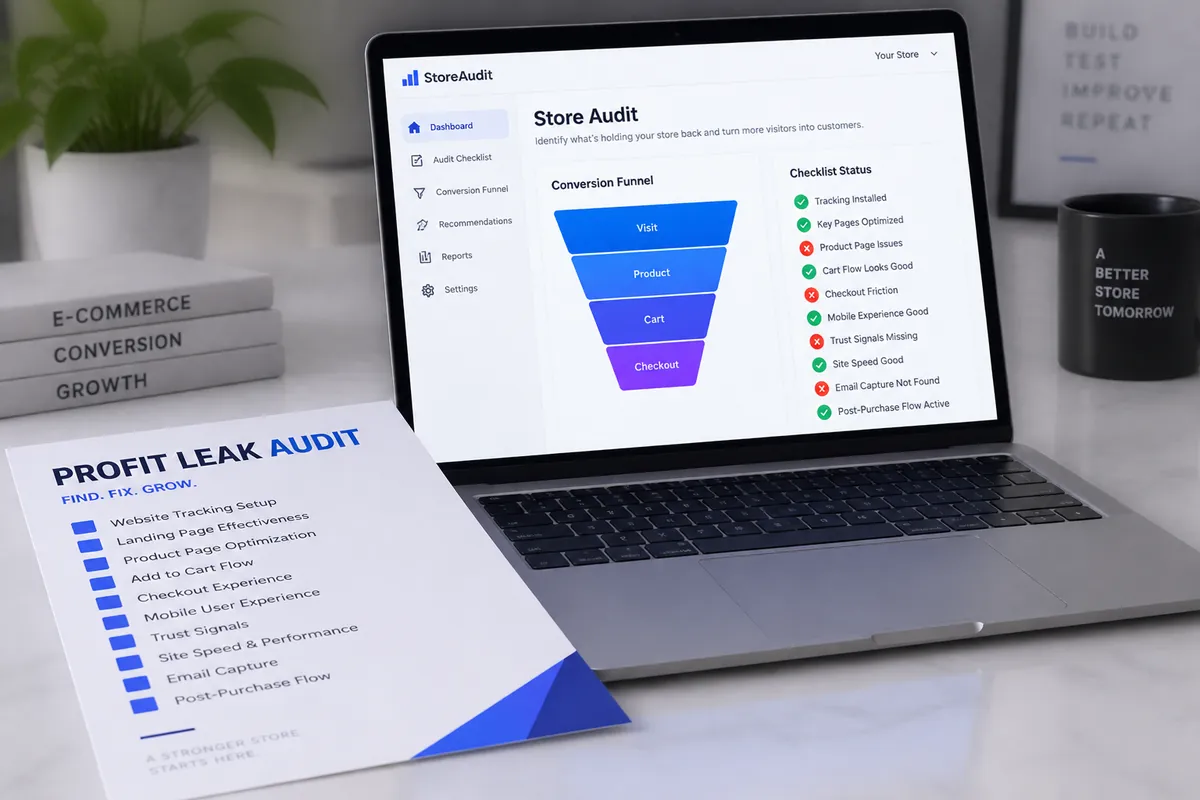 Profit Leak Audit checklist and store audit dashboard on a laptop