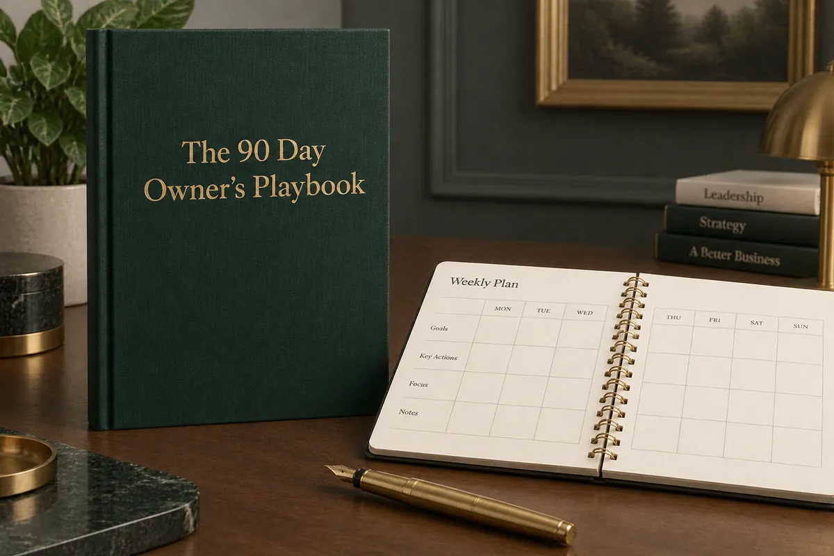 The 90 Day Owner's Playbook hardcover and weekly planning workbook