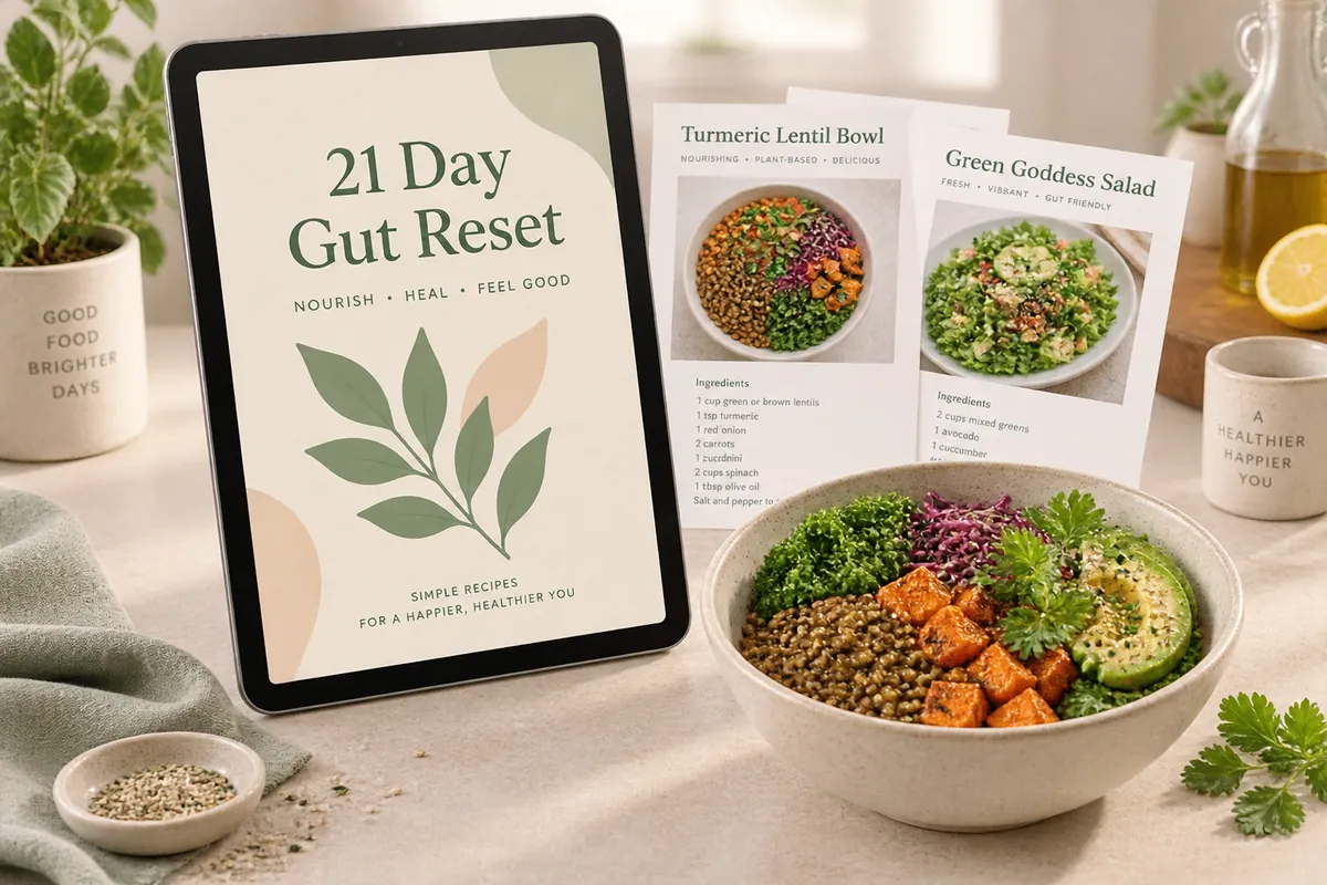 21 Day Gut Reset meal guide on a tablet with recipe cards and a vegetable bowl