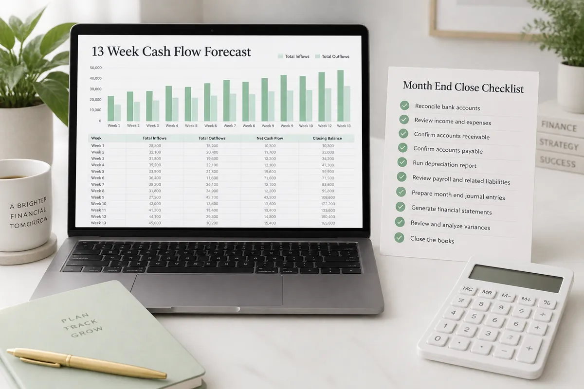 13 week cash flow forecast on a laptop with a month end close checklist