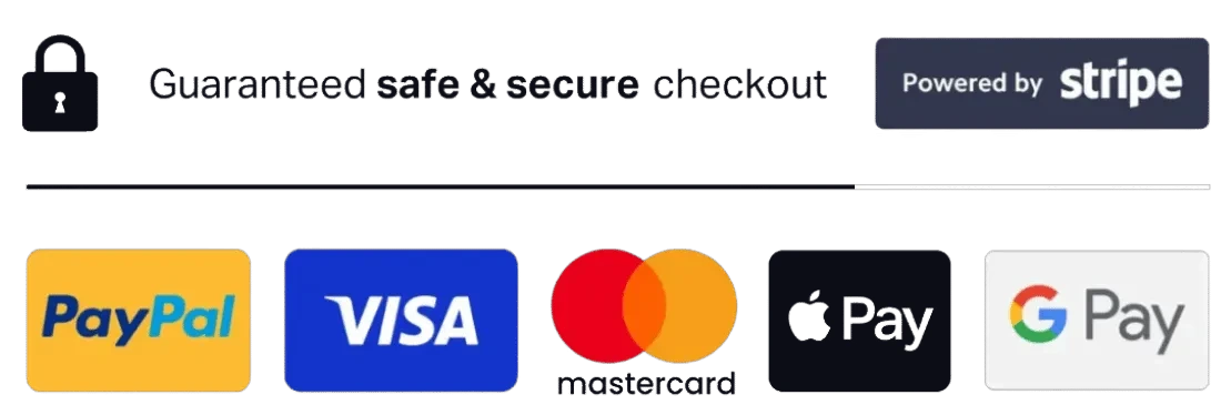Guaranteed safe and secure checkout. PayPal, Visa, Mastercard, Apple Pay, Google Pay.