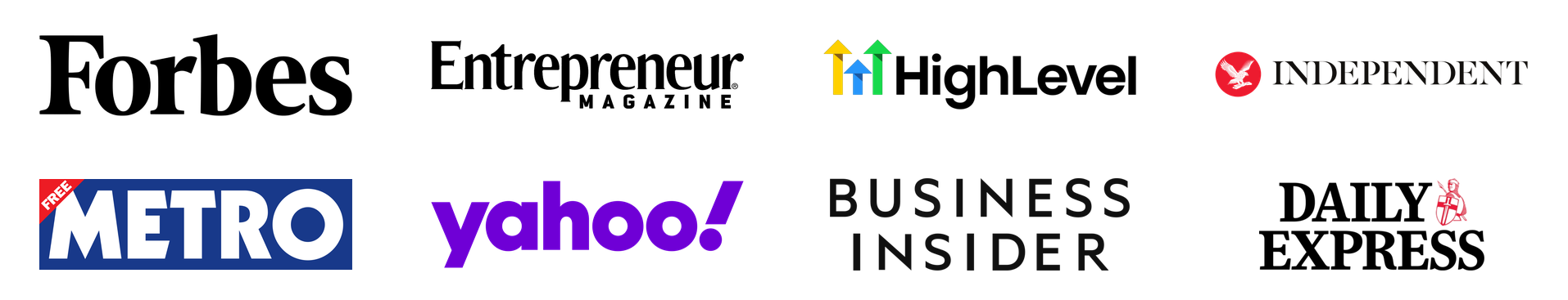 Forbes, Entrepreneur, HighLevel, Independent, Metro, Yahoo Finance, Business Insider, Daily Express