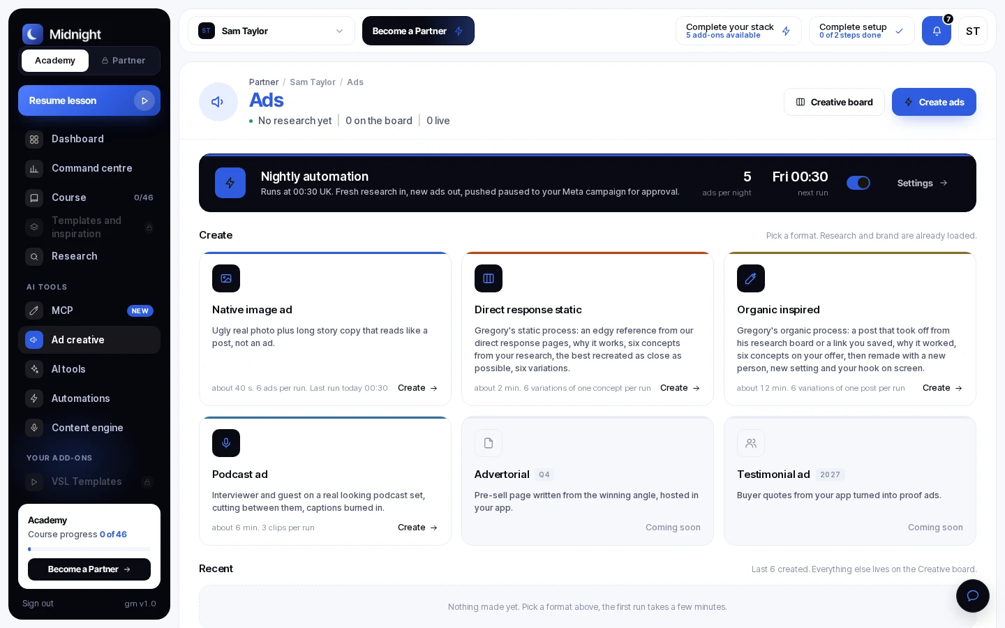The Go Midnight ad creative tool