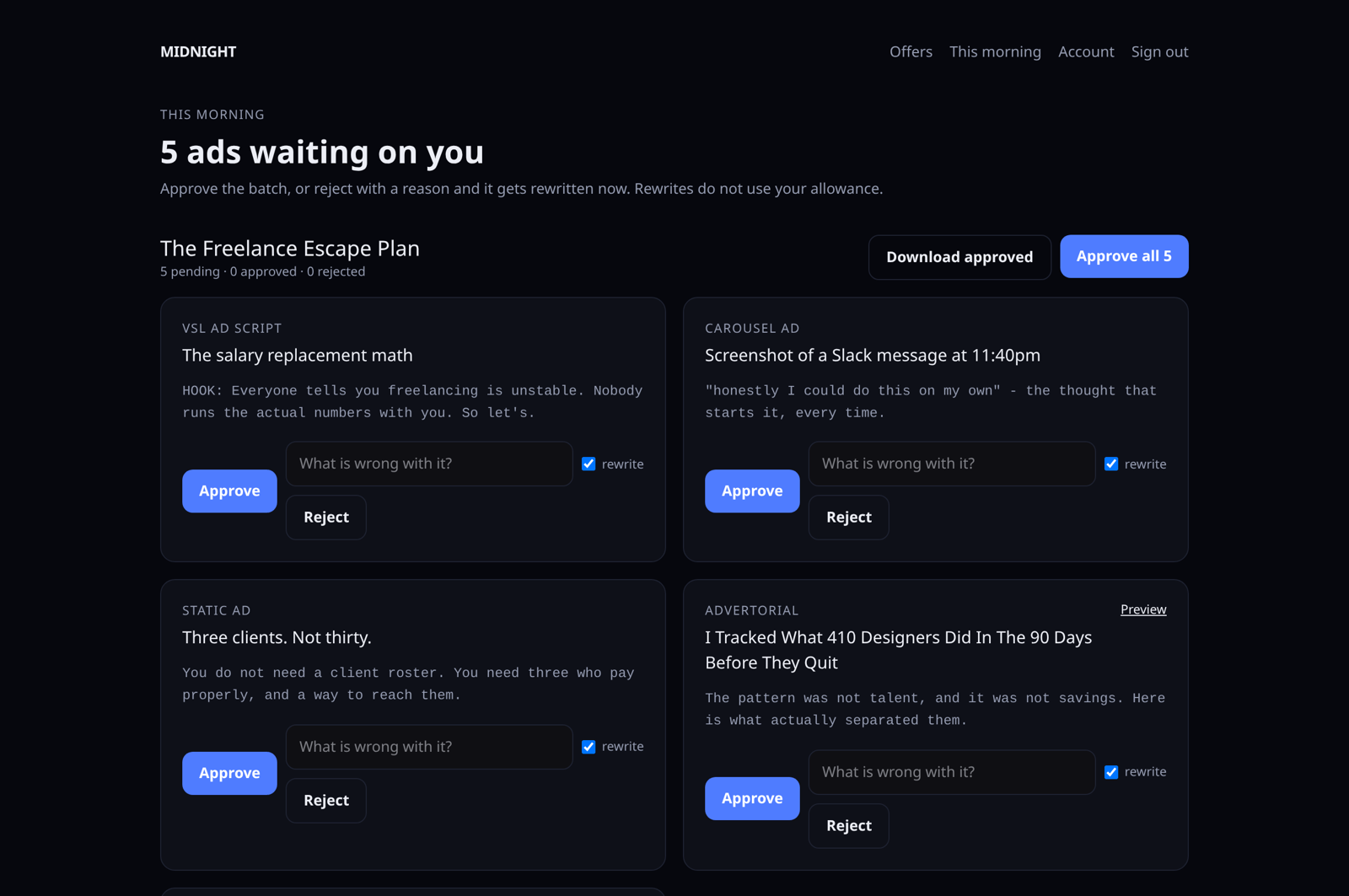 Midnight morning review screen with five ads waiting