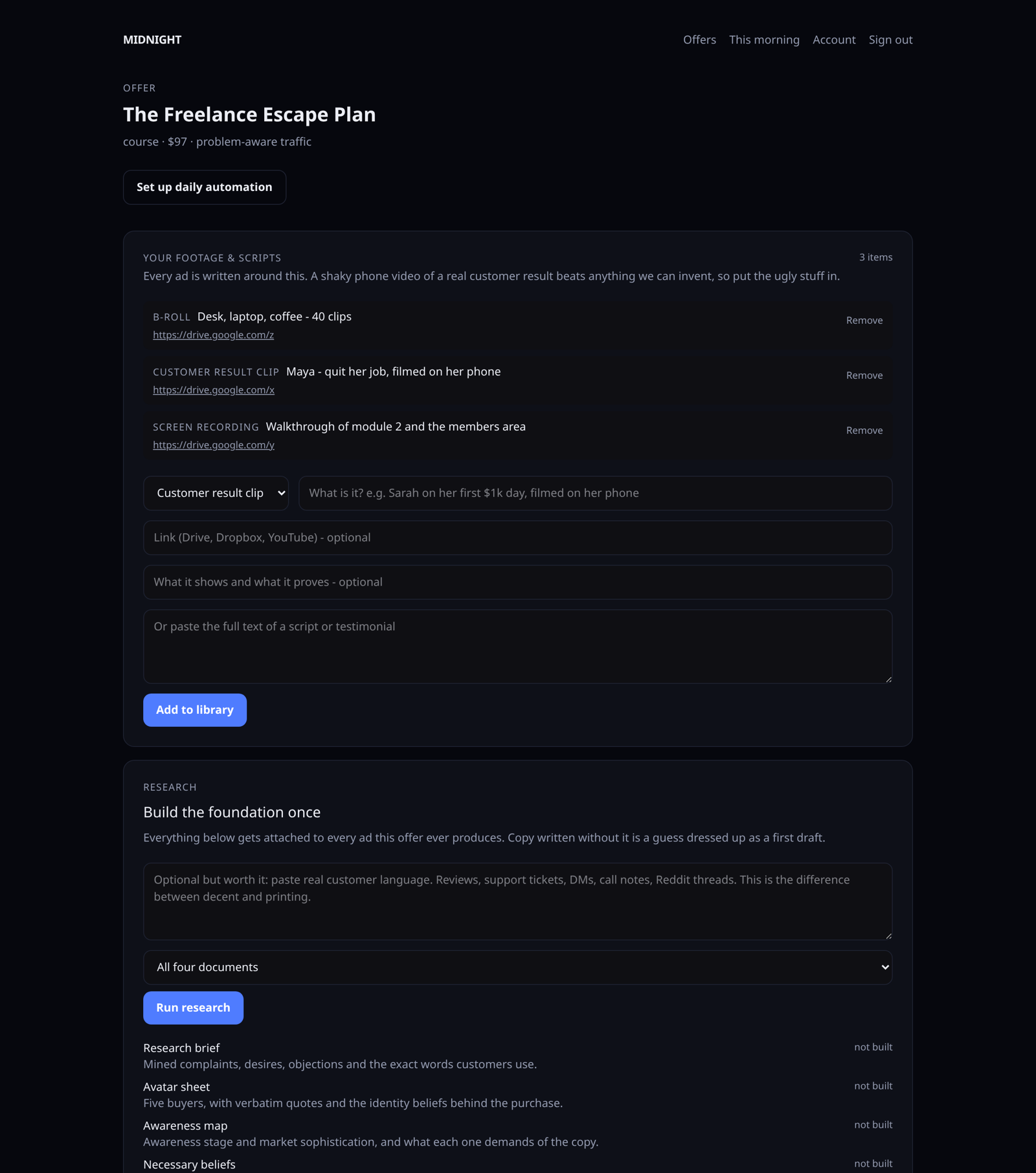 Offer screen: footage library, research, concepts and every ad format